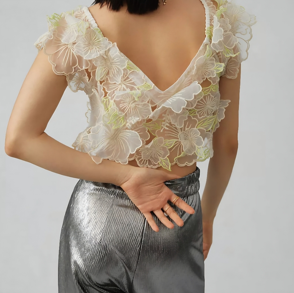 Anthropologie Sheer Applique Top - Ivory/green - XL - NWOT - Picture 4 of 9